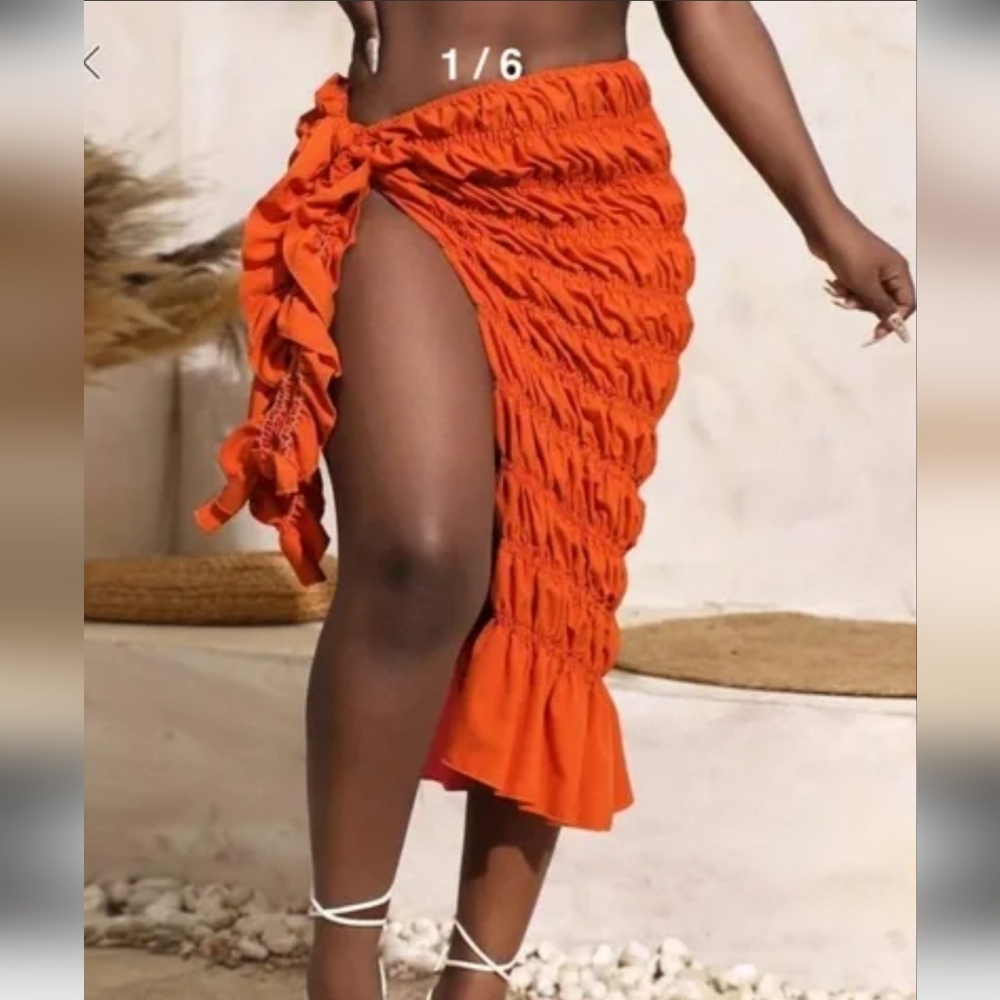 SHEIN Women's S Vibrant Orange Ruffled Midi Skirt